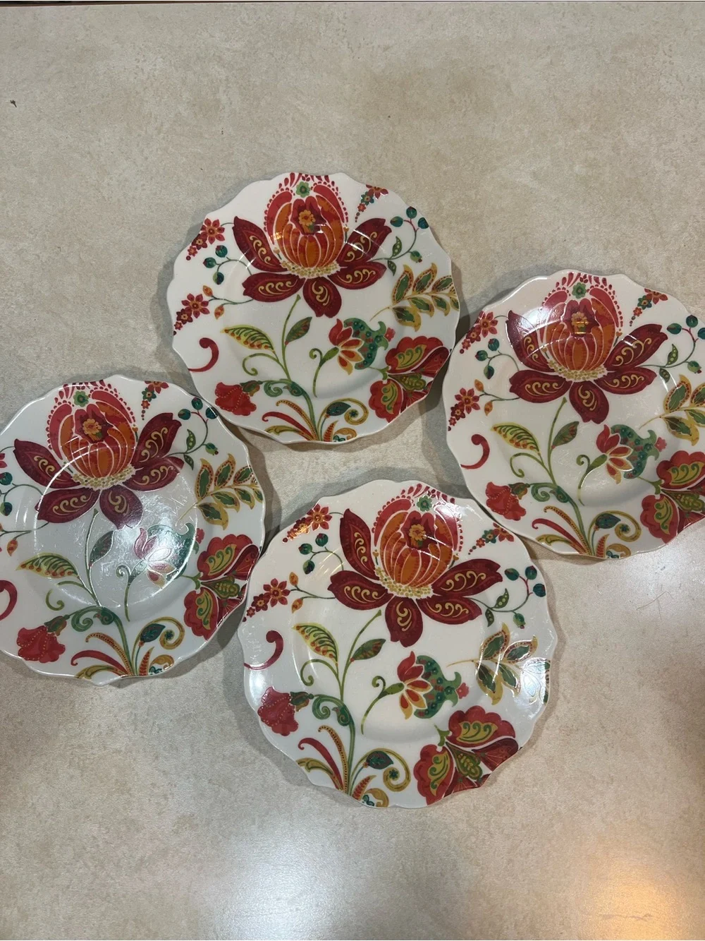 Pier 1 Beatrice Jacobean Red and Orange Floral Scalloped Salad Plates - Set of 4